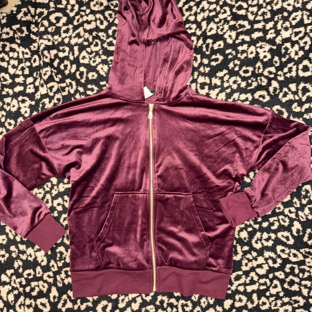 Felina Velour Zip Hoodie Women Small Burgundy Gold Zip Y2K Glam Loungewear